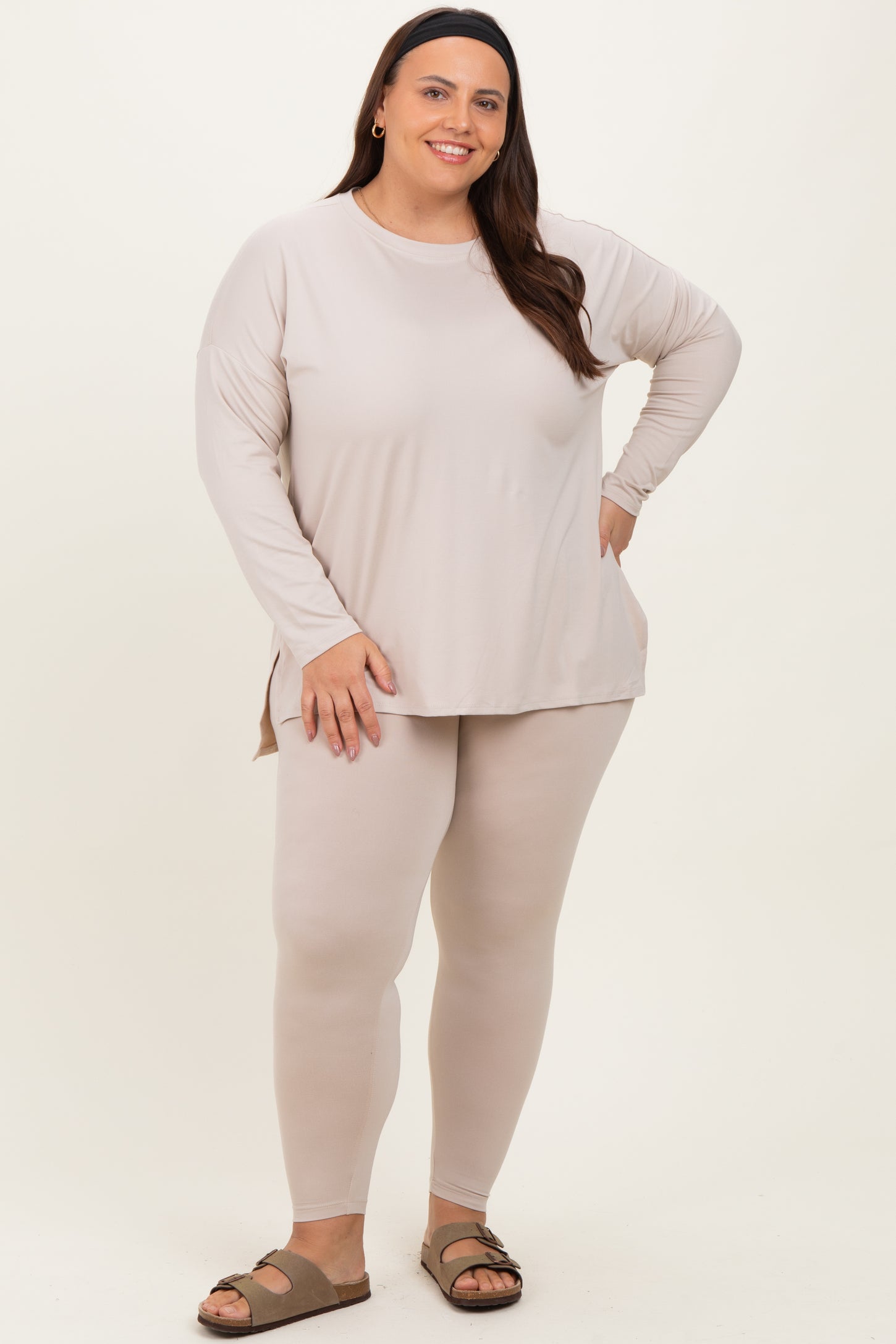 Cream Brushed Knit Oversized Top and Legging Maternity Plus Set