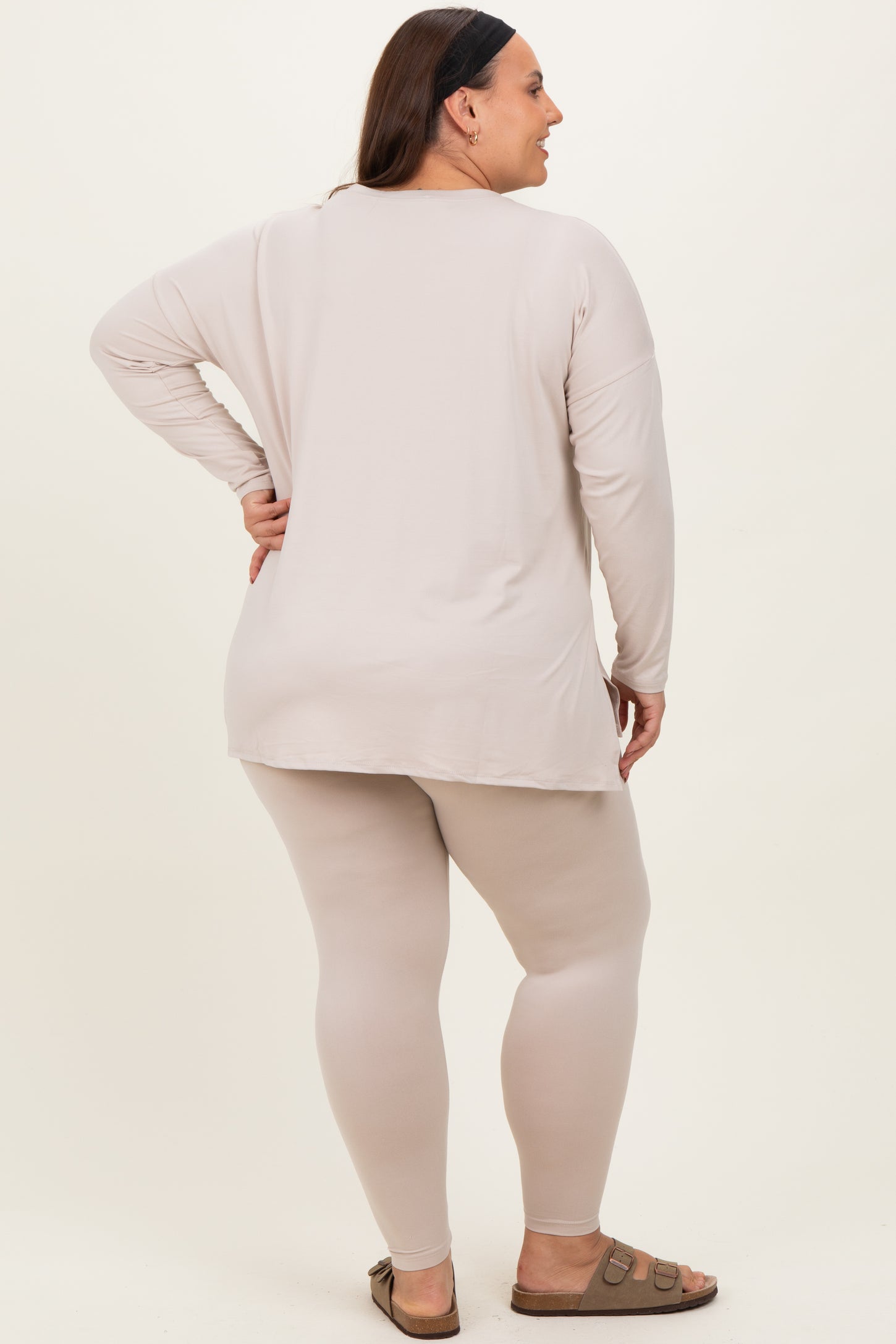 Cream Brushed Knit Oversized Top and Legging Plus Set