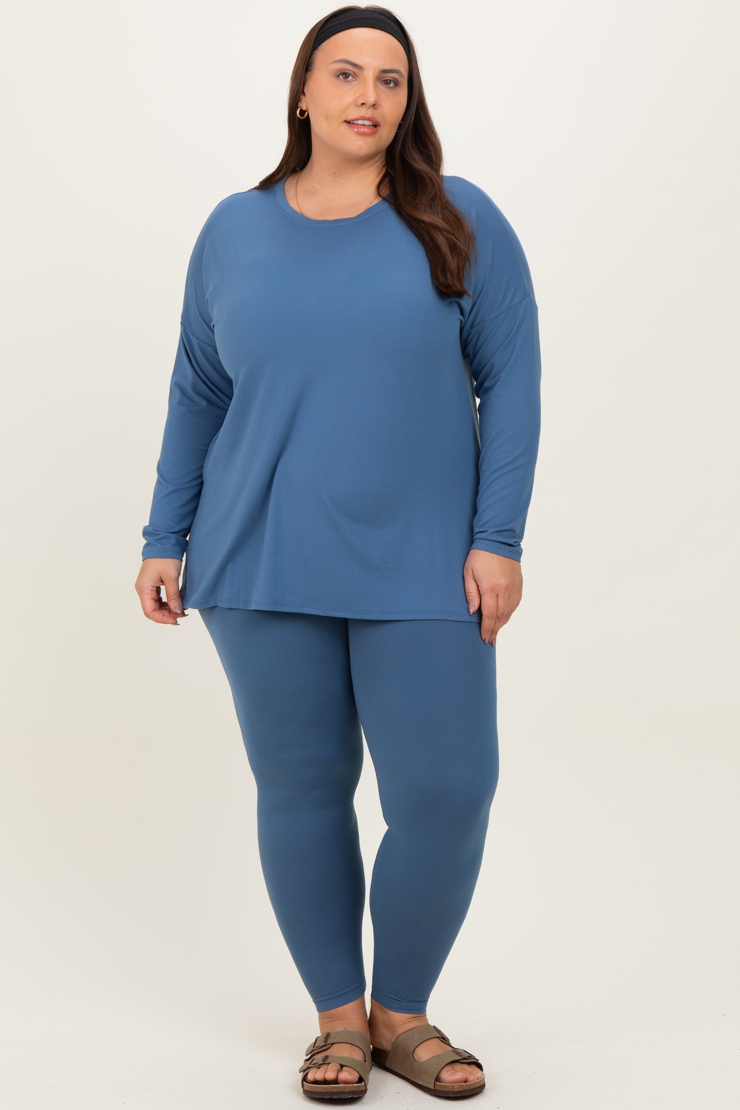 Blue Brushed Knit Oversized Top and Legging Plus Set
