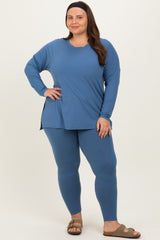 Blue Brushed Knit Oversized Top and Legging Plus Set