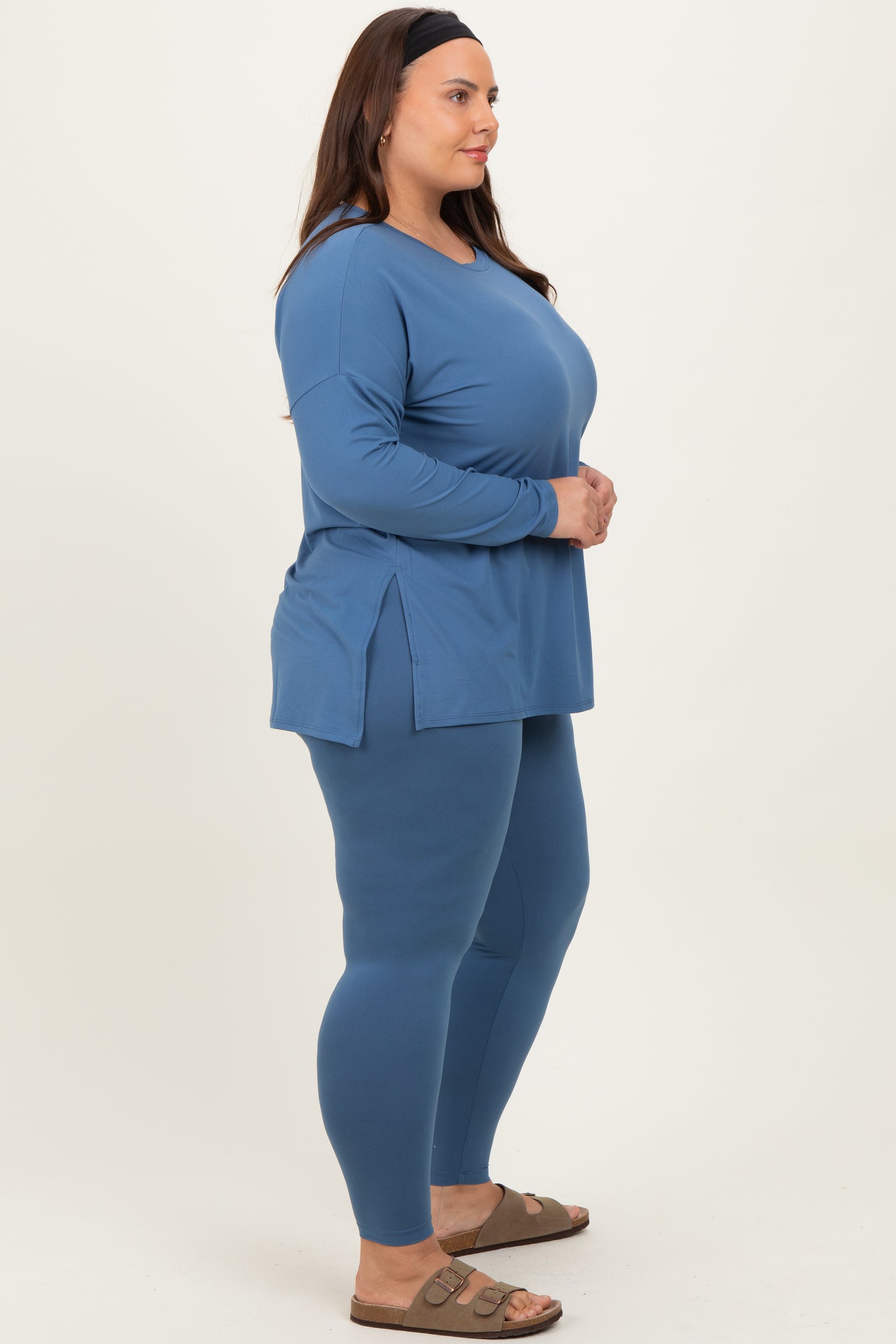 Blue Brushed Knit Oversized Top and Legging Plus Set