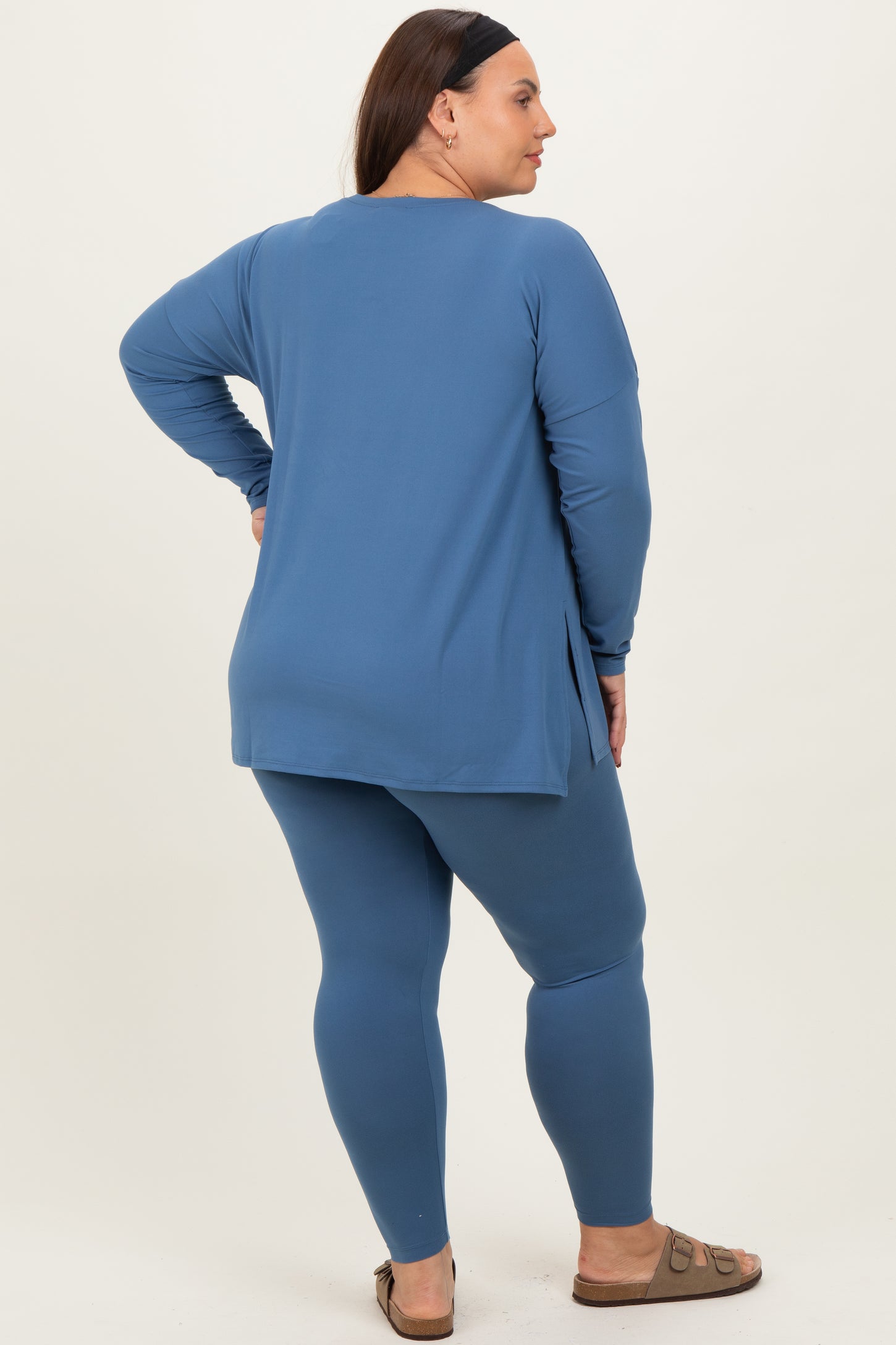 Blue Brushed Knit Oversized Top and Legging Plus Set