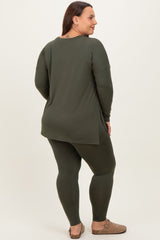 Olive Brushed Knit Oversized Top and Legging Plus Set