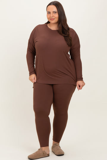 Brown Brushed Knit Oversized Top and Legging Plus Set