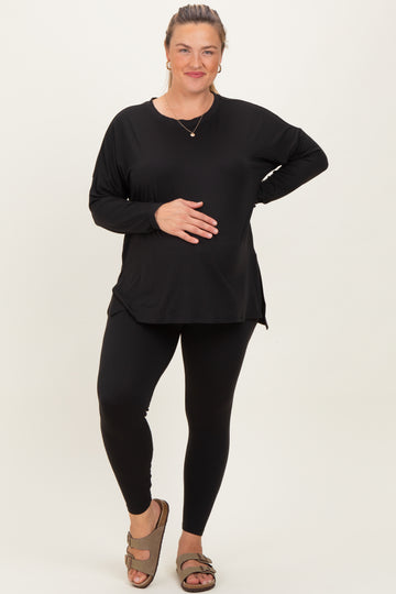 Black Brushed Knit Oversized Top and Legging Maternity Plus Set