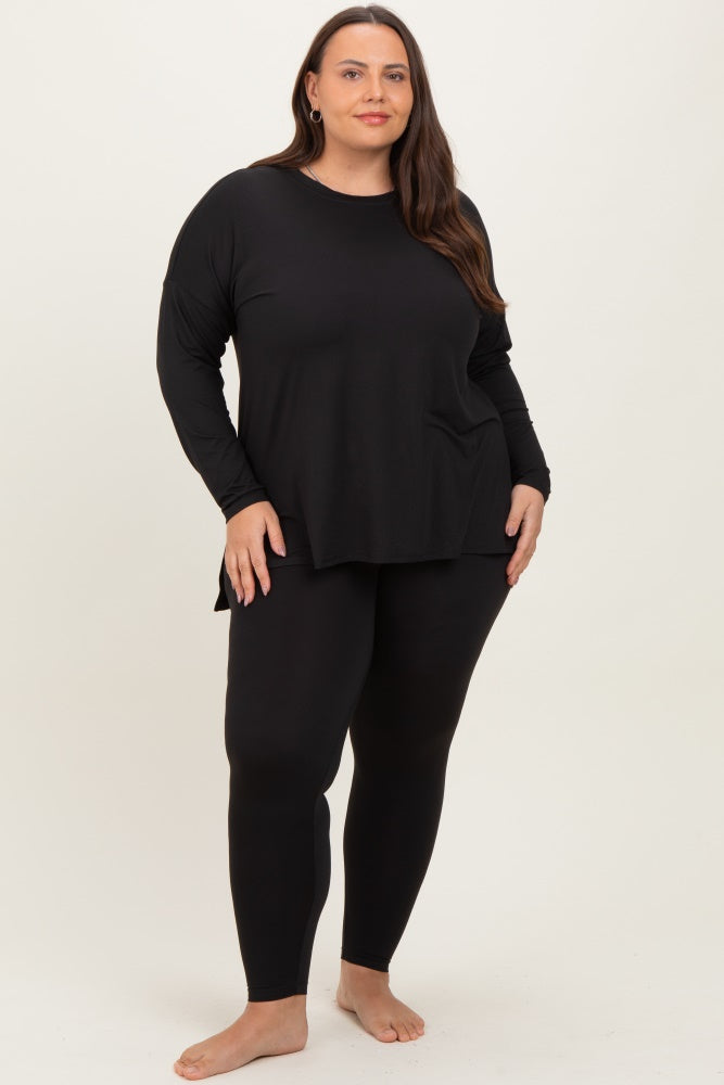 Black Brushed Knit Oversized Top and Legging Plus Set