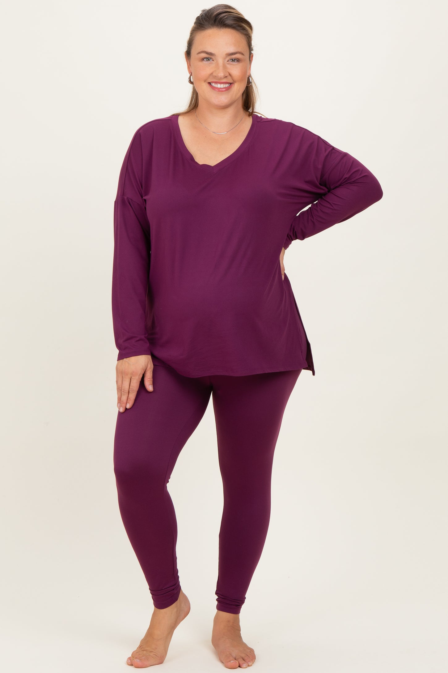 Plum Brushed Knit Oversized Top and Legging Maternity Plus Set