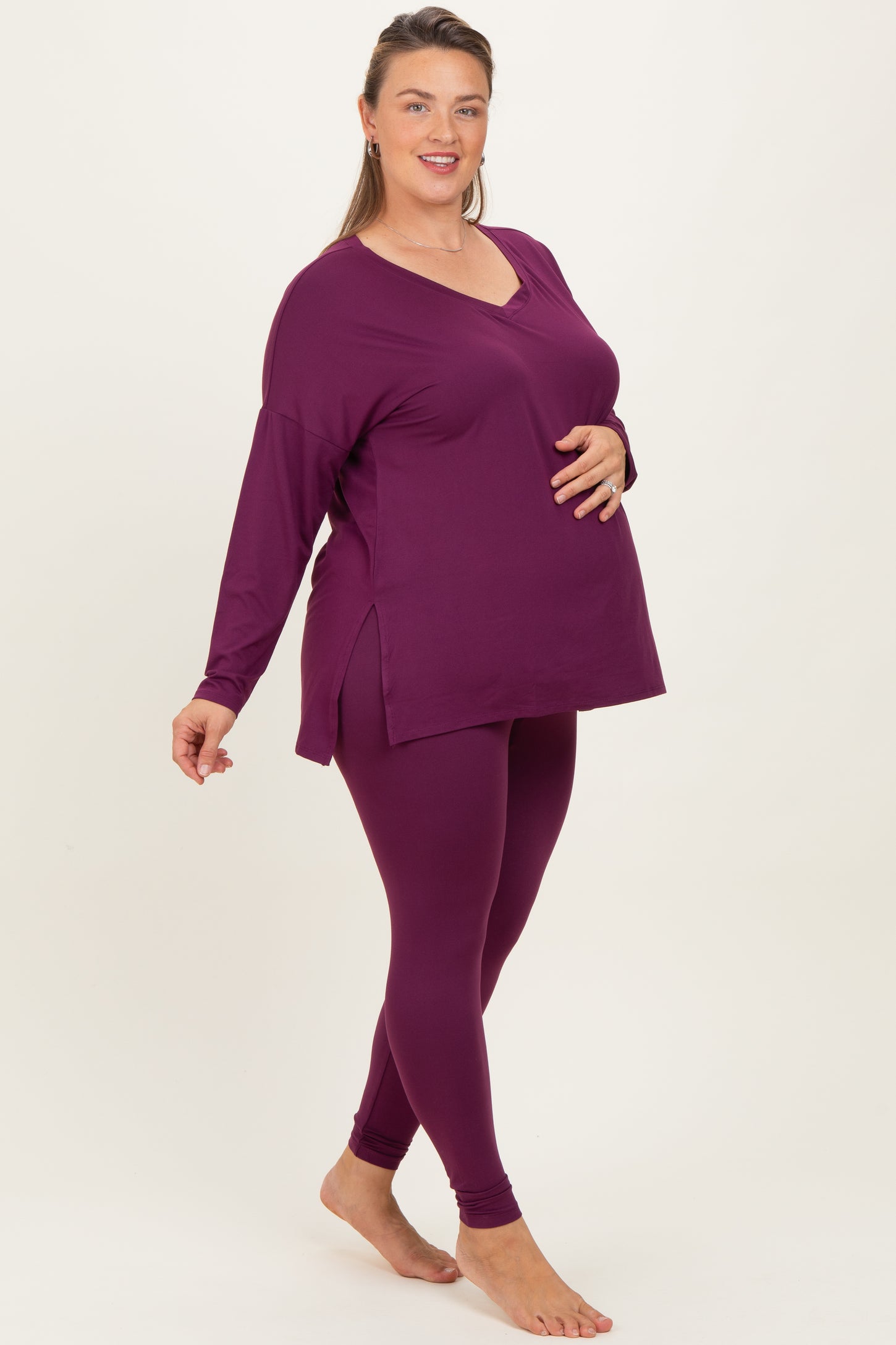Plum Brushed Knit Oversized Top and Legging Maternity Plus Set