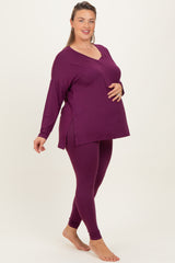 Plum Brushed Knit Oversized Top and Legging Maternity Plus Set