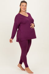 Plum Brushed Knit Oversized Top and Legging Maternity Plus Set