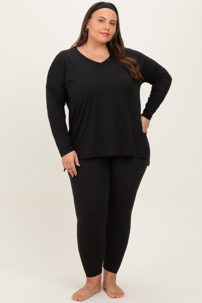 Black Brushed Knit Oversized Top and Legging Plus Set