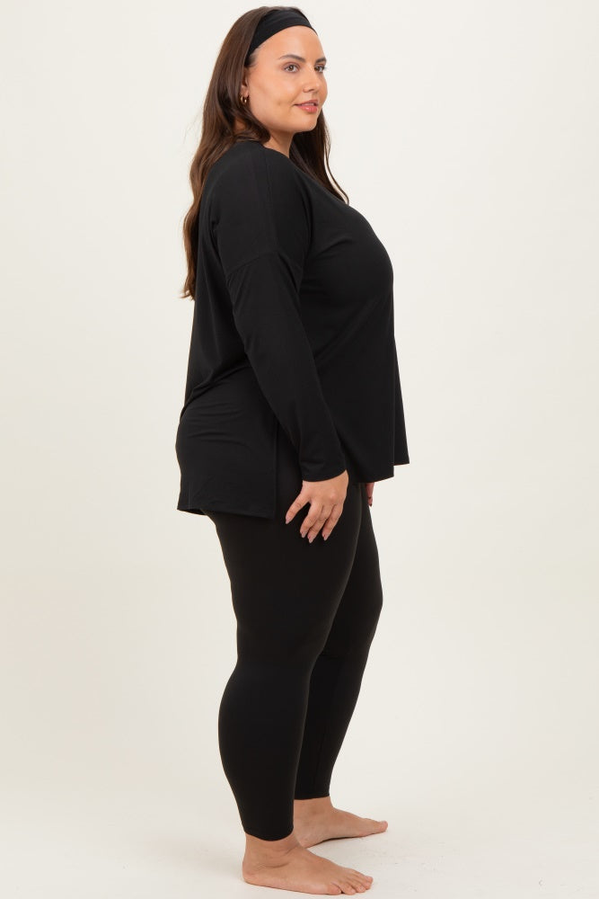 Black Brushed Knit Oversized Top and Legging Plus Set