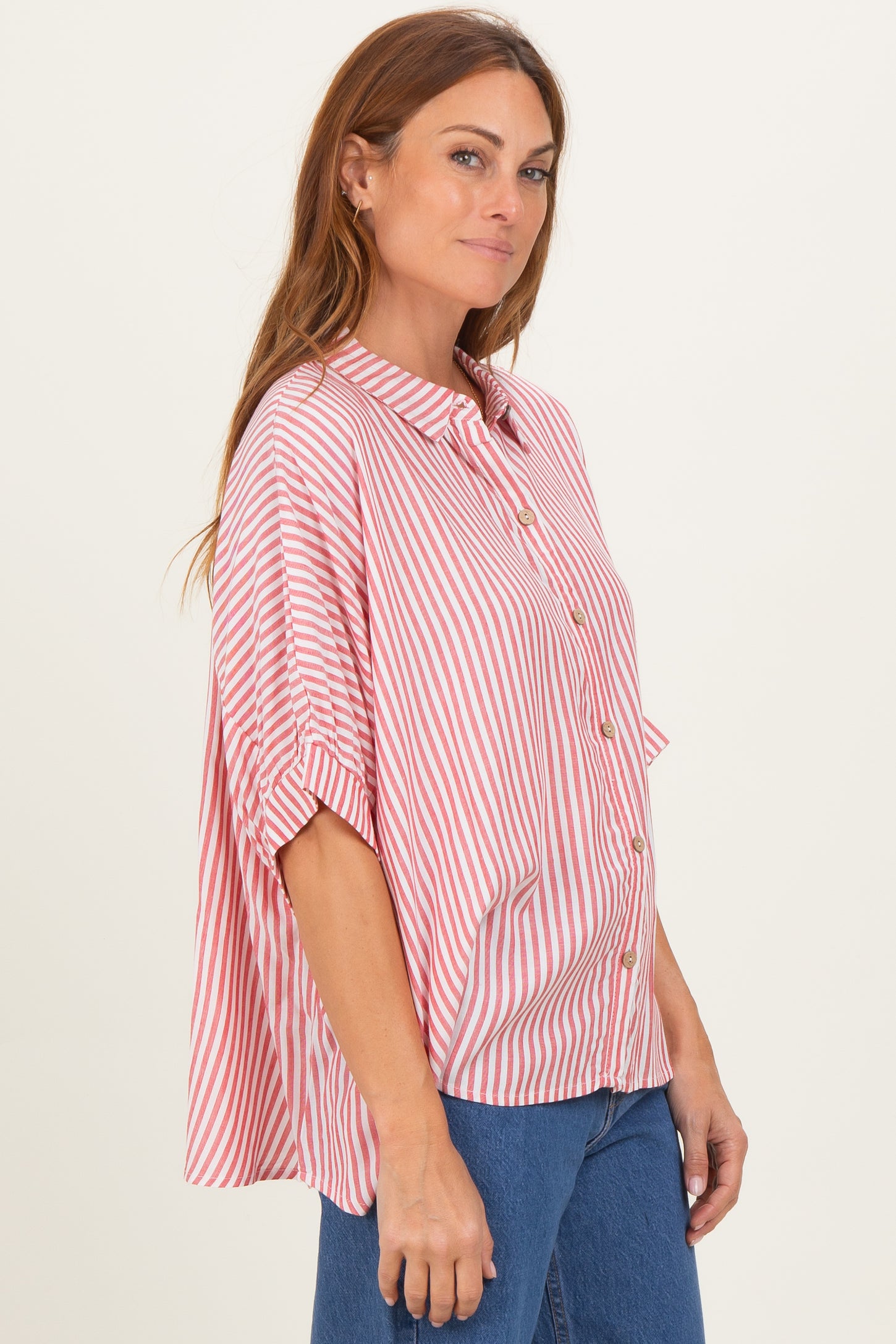 Red Striped Button Up Dolman Top