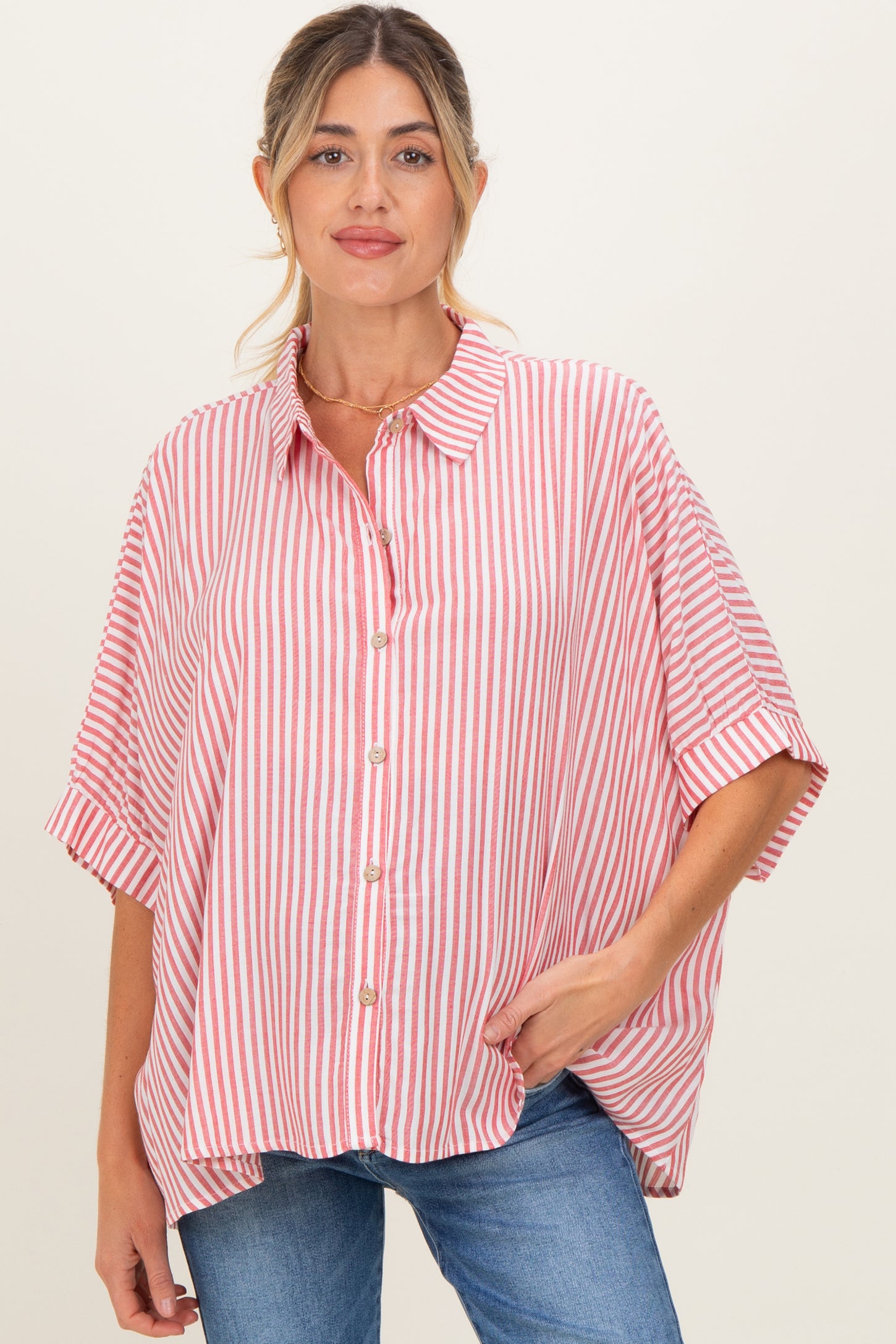 Red Striped Button Up Dolman Maternity Top