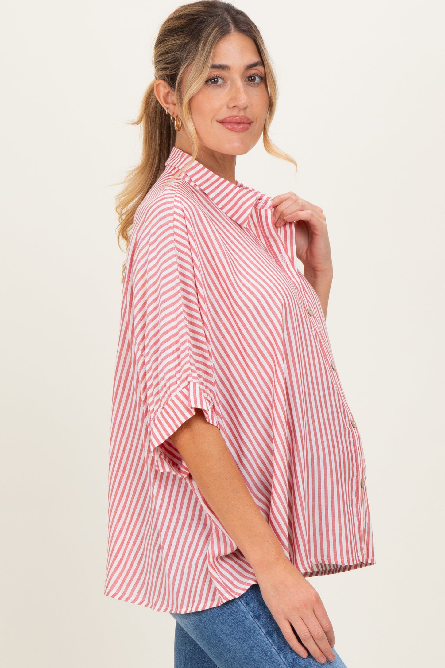 Red Striped Button Up Dolman Maternity Top