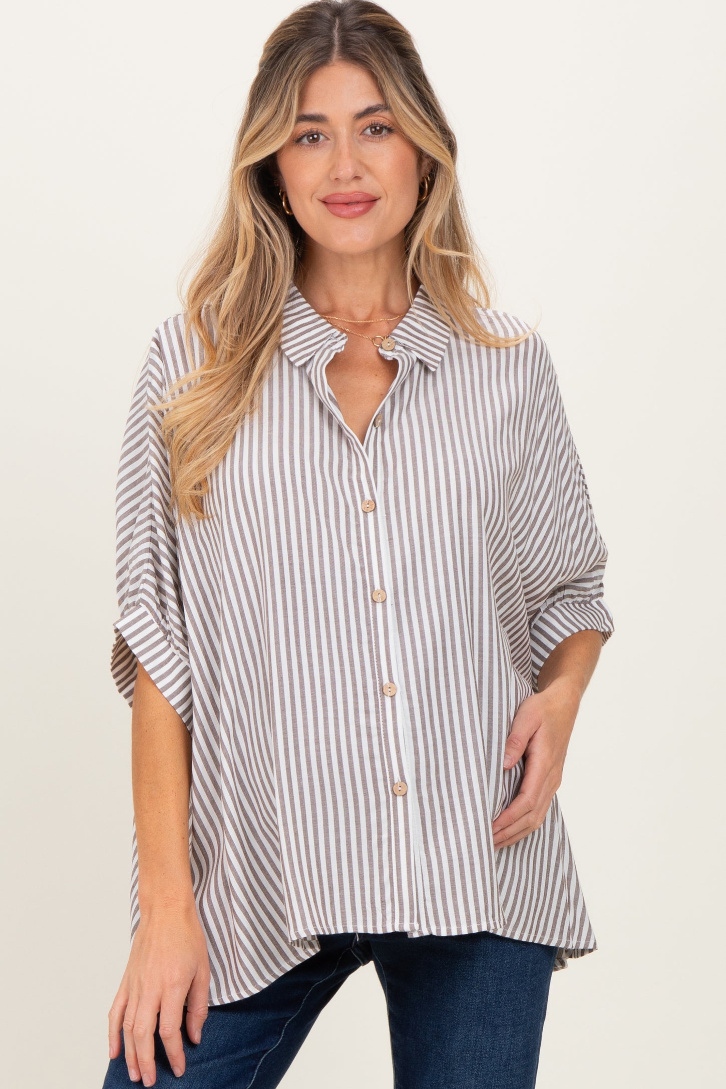 Brown Striped Button Up Dolman Maternity Top