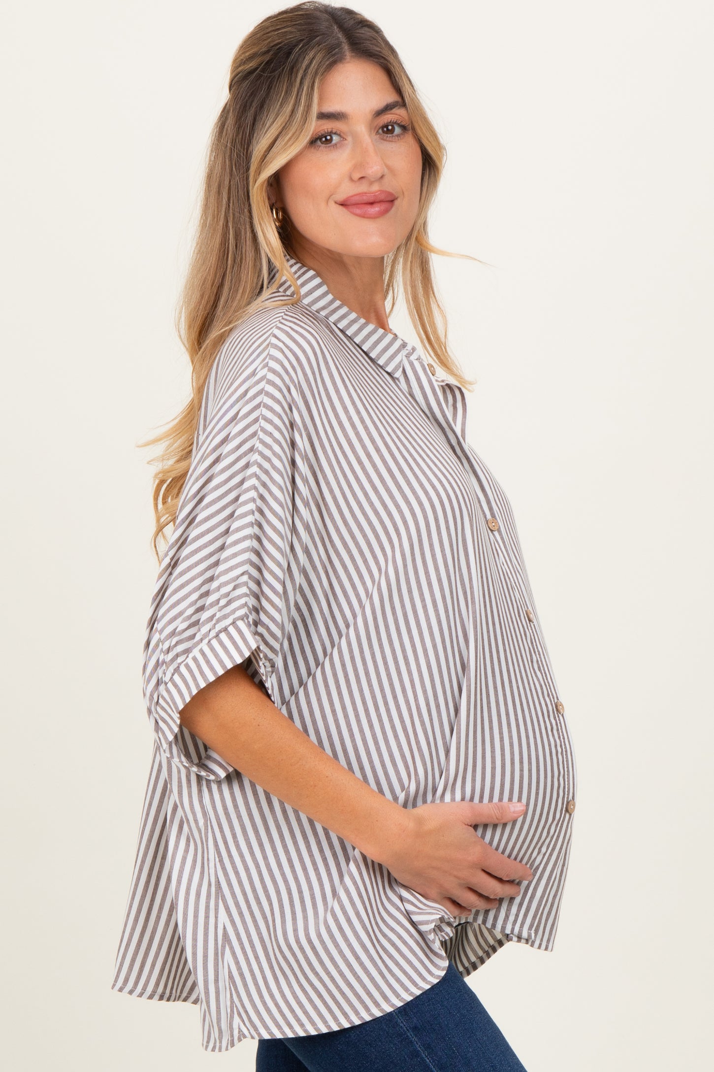 Brown Striped Button Up Dolman Maternity Top