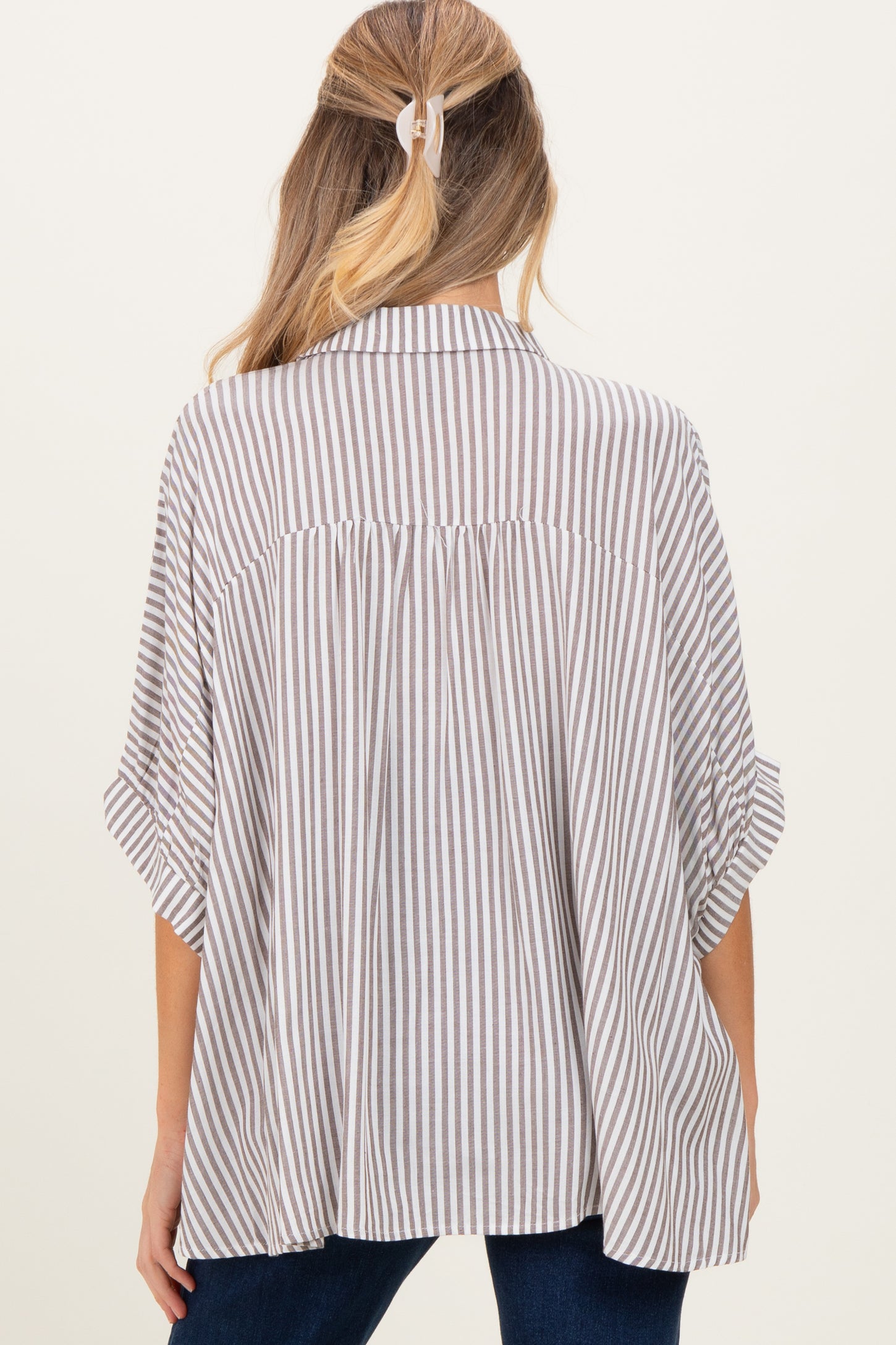 Brown Striped Button Up Dolman Maternity Top