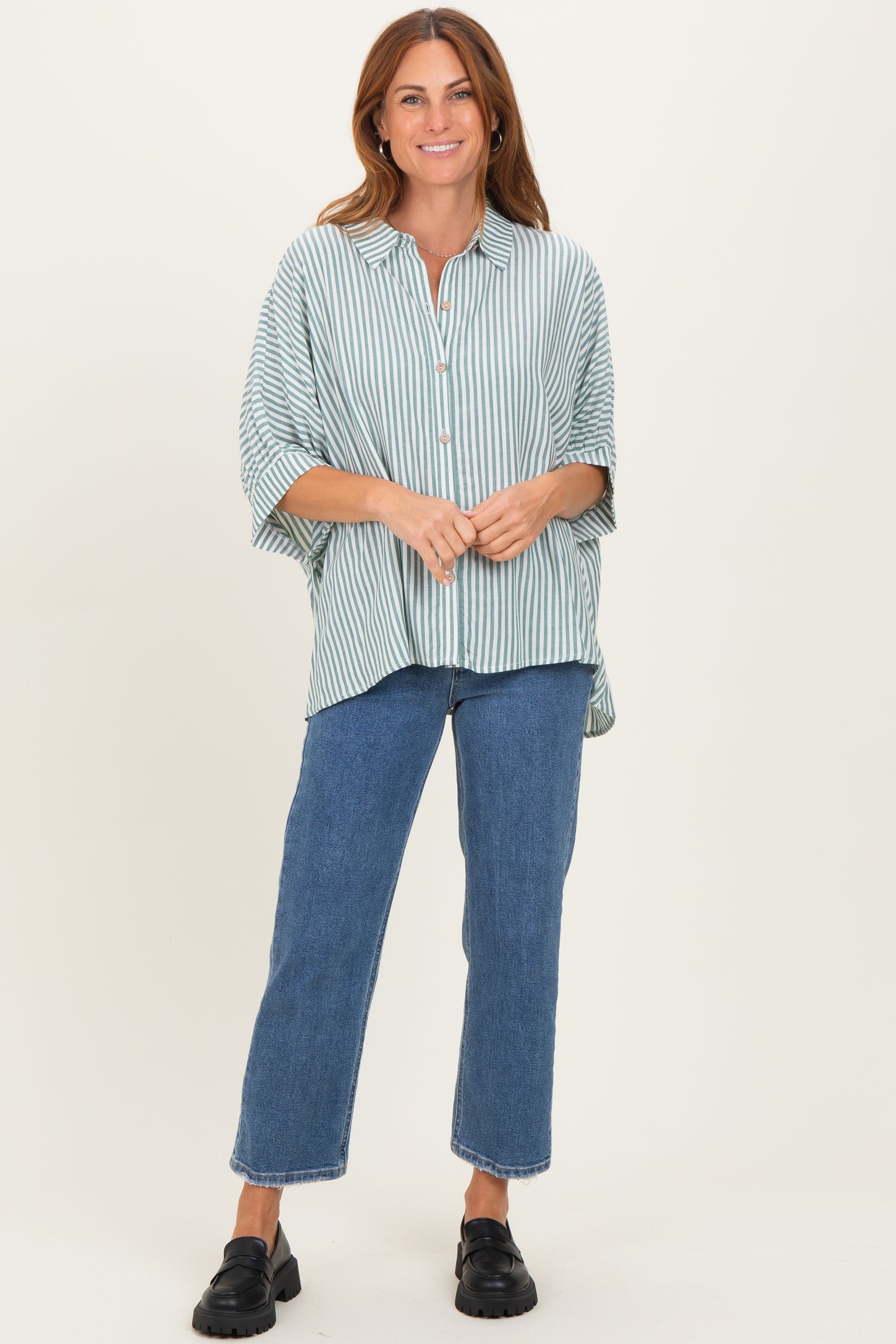 Forest Green Striped Button Up Dolman Top