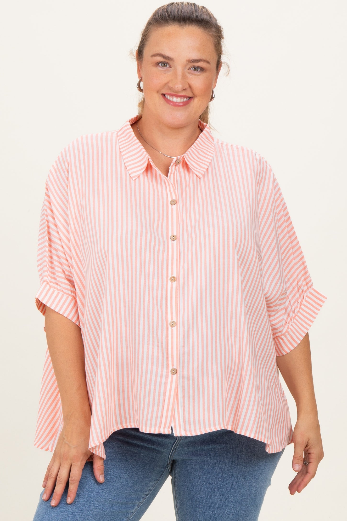 Coral Striped Button Up Short Dolman Sleeve Maternity Plus Top
