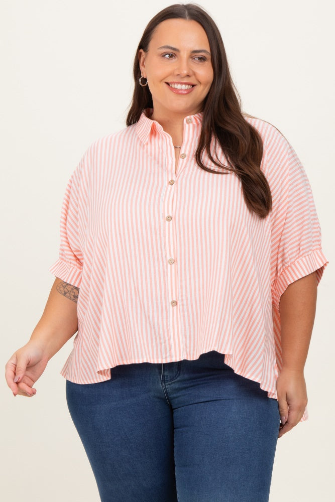 Coral Striped Button Up Short Dolman Sleeve Plus Top