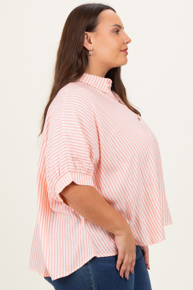 Coral Striped Button Up Short Dolman Sleeve Plus Top