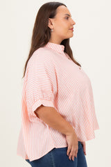 Coral Striped Button Up Short Dolman Sleeve Plus Top