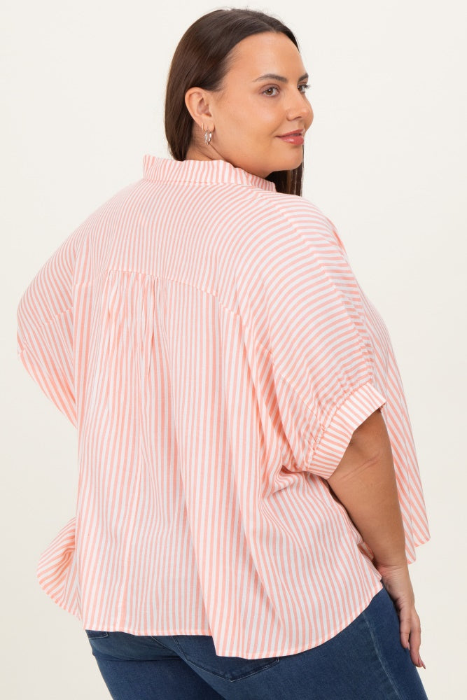 Coral Striped Button Up Short Dolman Sleeve Plus Top