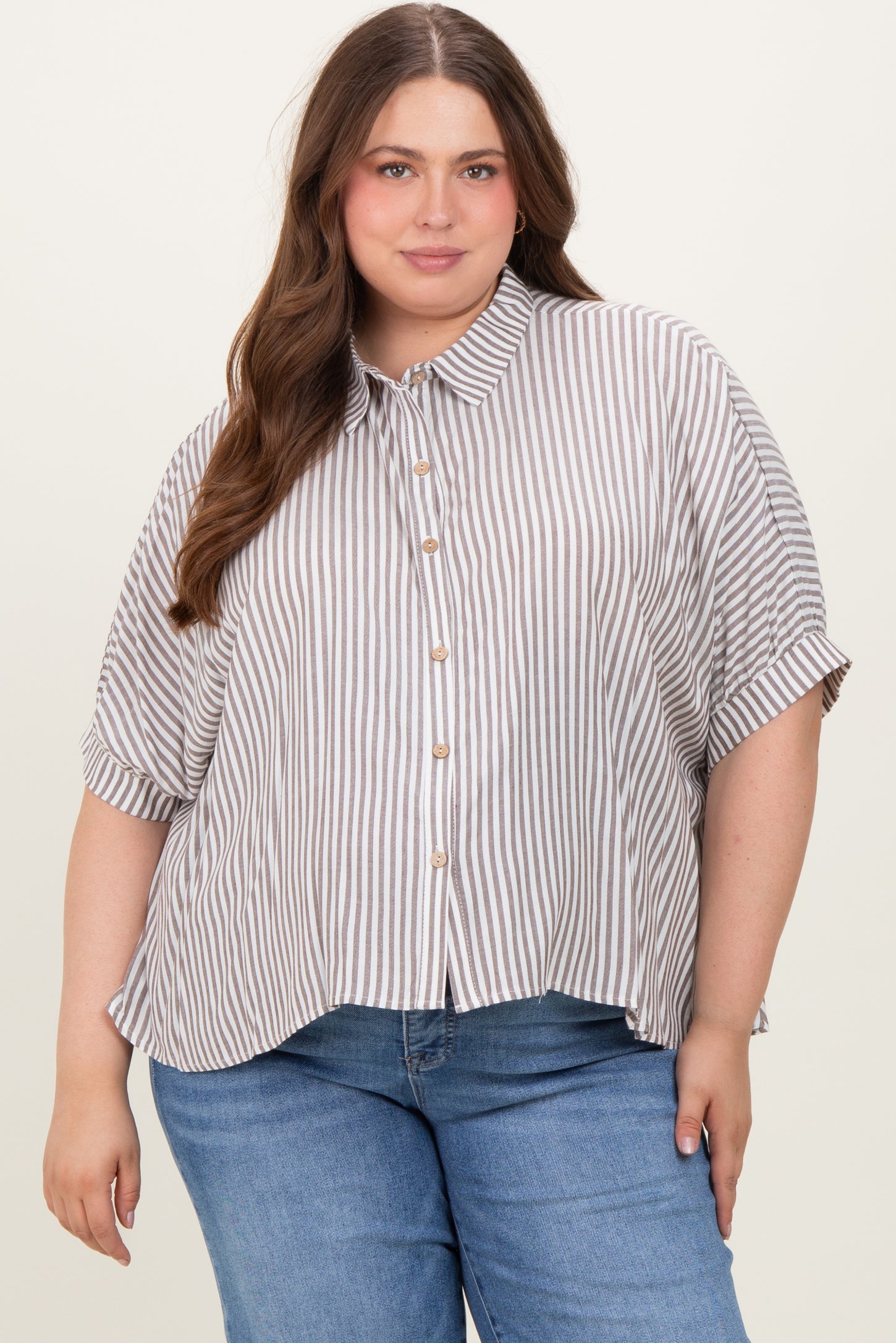 Brown Striped Button Up Short Dolman Sleeve Maternity Plus Top