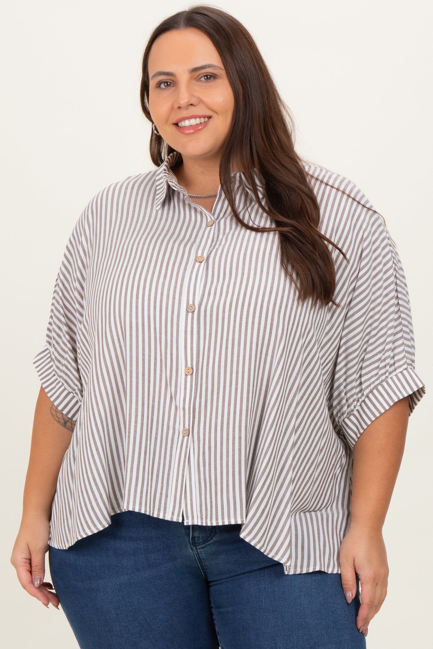 Brown Striped Button Up Short Dolman Sleeve Maternity Plus Top