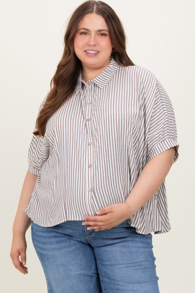Brown Striped Button Up Short Dolman Sleeve Maternity Plus Top
