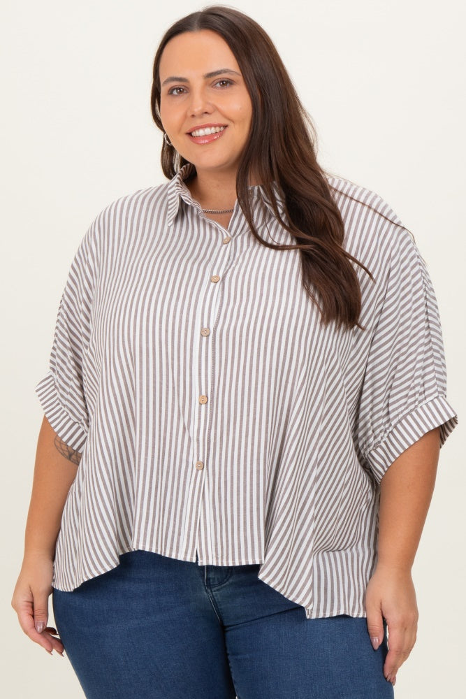 Brown Striped Button Up Short Dolman Sleeve Maternity Plus Top