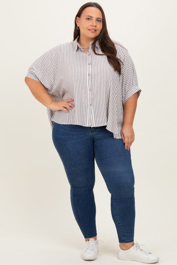 Brown Striped Button Up Short Dolman Sleeve Plus Top