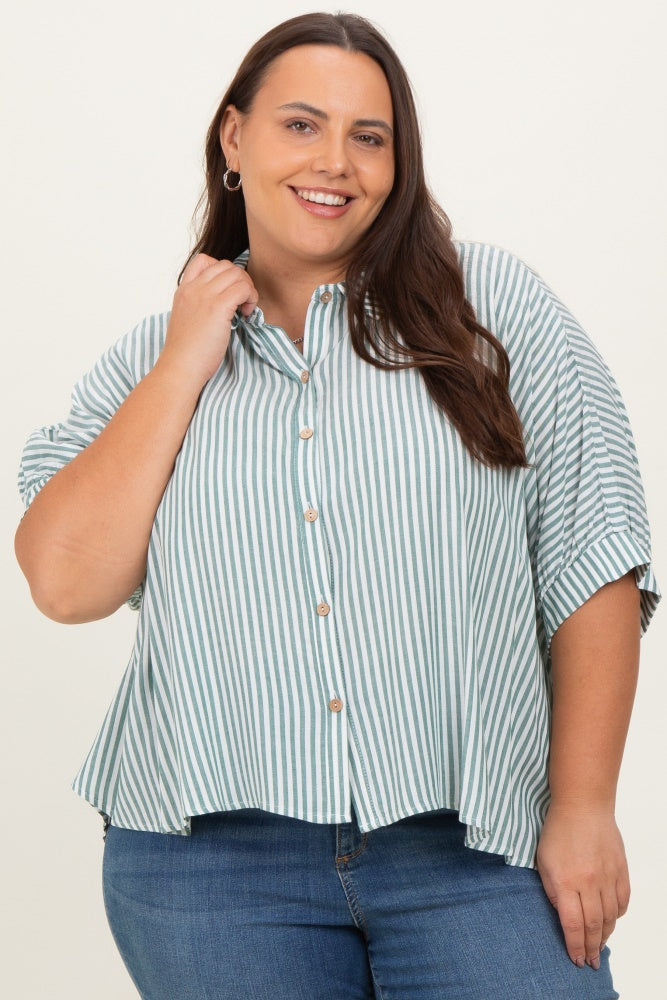 Forest Green Striped Button Up Short Dolman Sleeve Plus Top