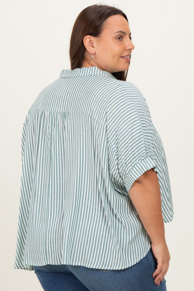 Forest Green Striped Button Up Short Dolman Sleeve Plus Top