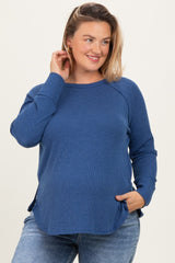 Navy Baby Waffle Knit Long Sleeve Maternity Plus Top