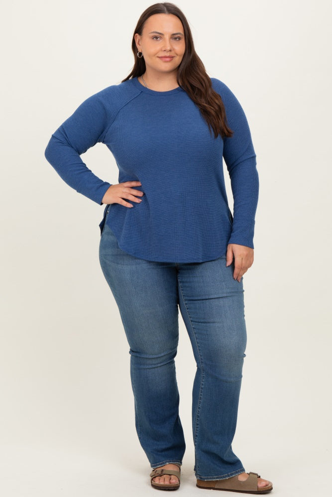 Navy Baby Waffle Knit Long Sleeve Plus Top