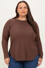 Brown Baby Waffle Knit Long Sleeve Plus Top