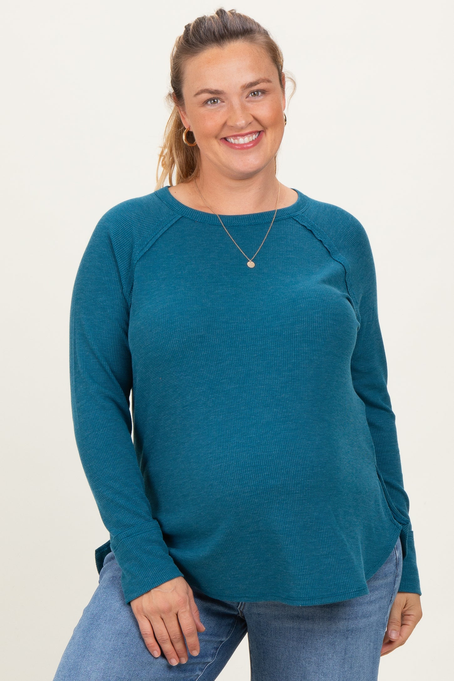 Teal Baby Waffle Knit Long Sleeve Maternity Plus Top
