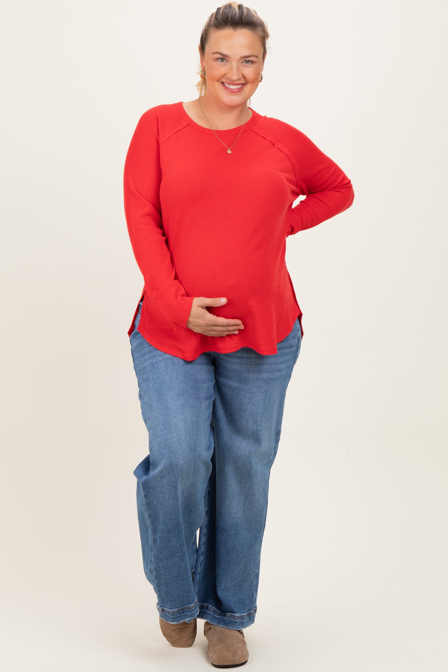 Red Baby Waffle Knit Long Sleeve Maternity Plus Top