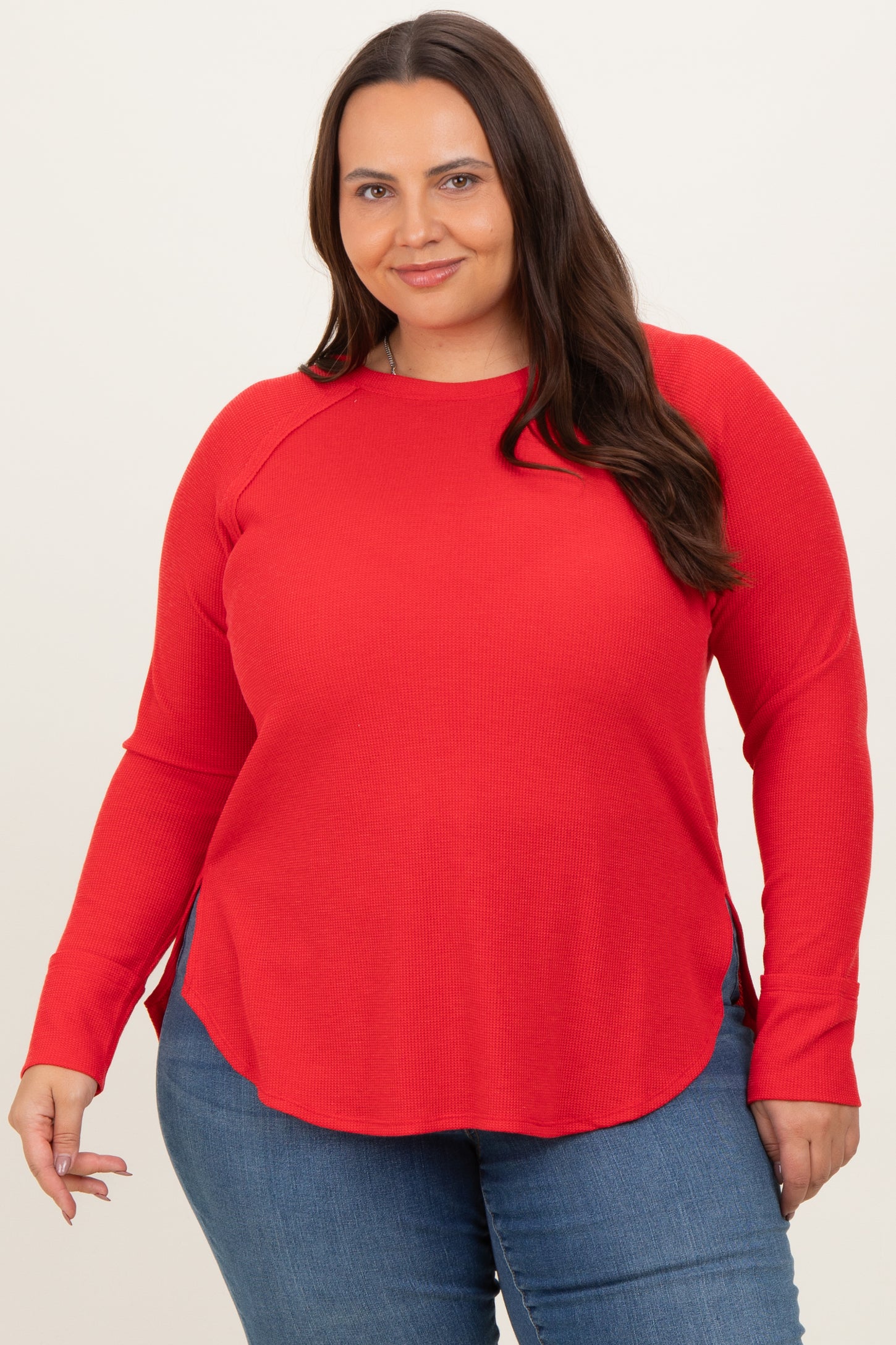 Red Baby Waffle Knit Long Sleeve Maternity Plus Top
