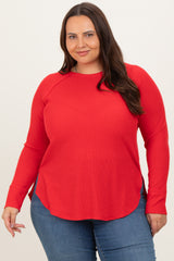 Red Baby Waffle Knit Long Sleeve Maternity Plus Top