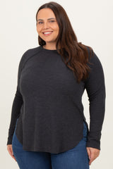 Charcoal Baby Waffle Knit Long Sleeve Plus Top