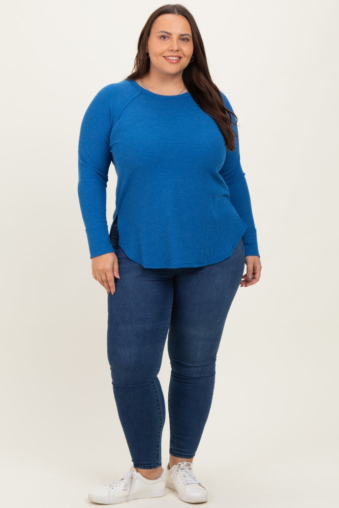 Blue Baby Waffle Knit Long Sleeve Plus Top