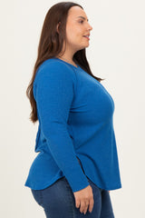 Blue Baby Waffle Knit Long Sleeve Plus Top