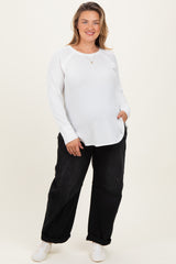 White Baby Waffle Knit Long Sleeve Maternity Plus Top