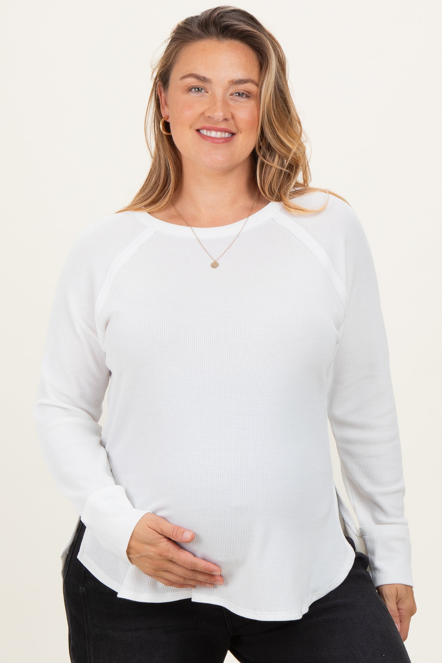White Baby Waffle Knit Long Sleeve Maternity Plus Top