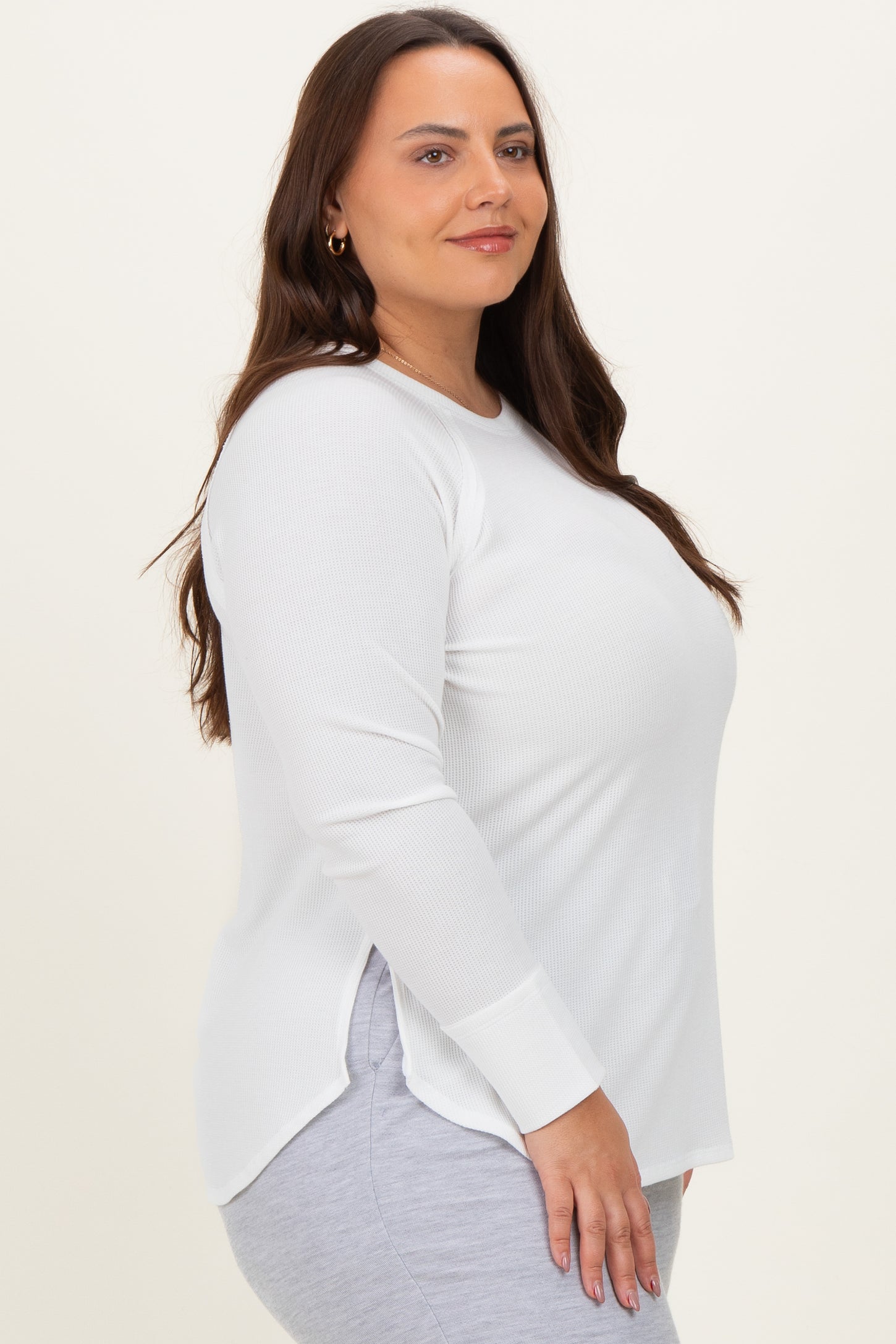 White Baby Waffle Knit Long Sleeve Plus Top