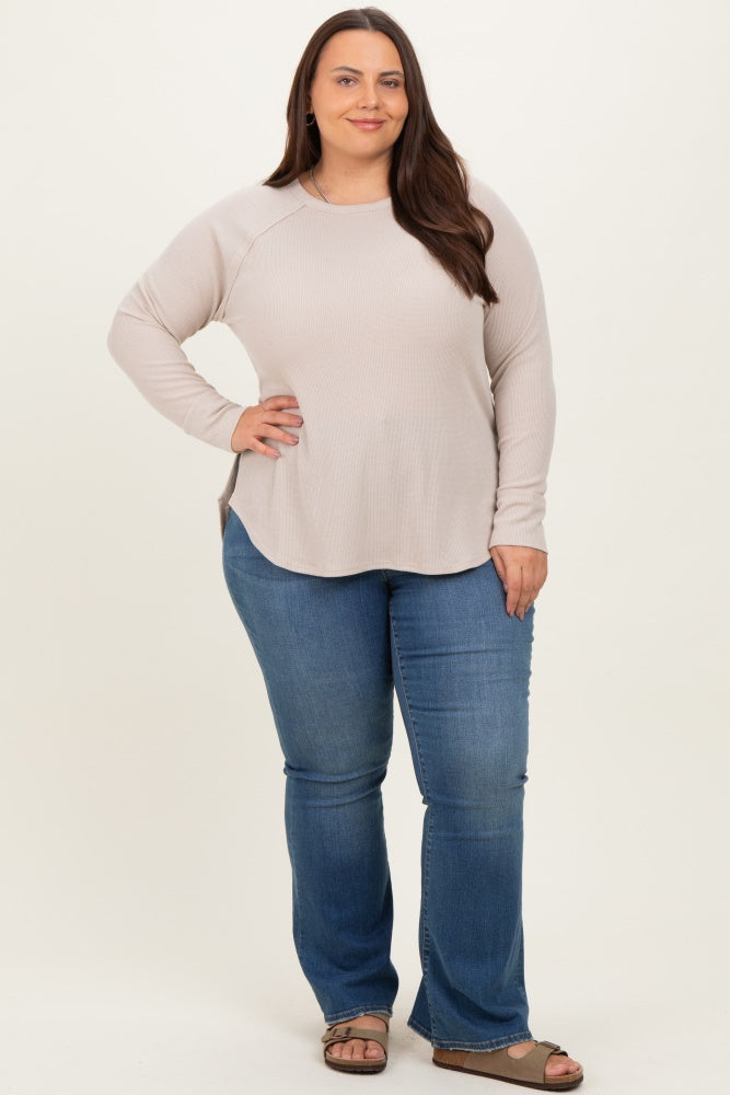 Cream Baby Waffle Knit Long Sleeve Plus Top