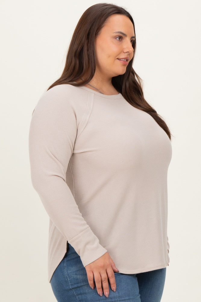 Cream Baby Waffle Knit Long Sleeve Plus Top